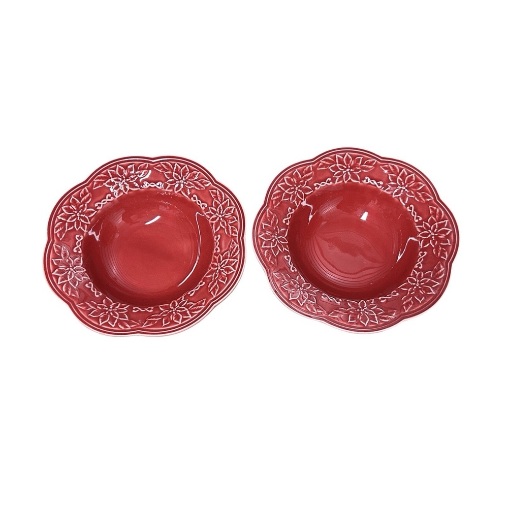 2 Bowls Bordallo Pinheiro Poinsettia Christmas Red Soup‎ Salad Bowl